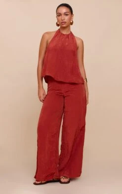 Prettylittlething Rust Crinkle Satin Halterneck Overlay Jumpsuit