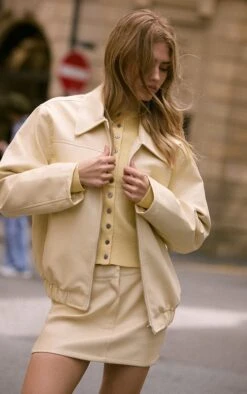 Butter Cream Faux Leather Bomber Jacket