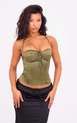 Prettylittlething Olive Satin Pleated Bust Pointed Hem Corset