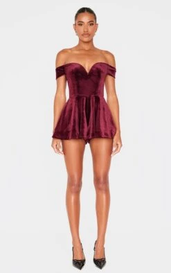 Prettylittlething Burgundy Velvet Bardot Sweetheart Neckline Floaty Romper