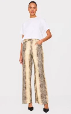 Prettylittlething Brown Denim Low Waist Snake Print Wide Leg Jeans