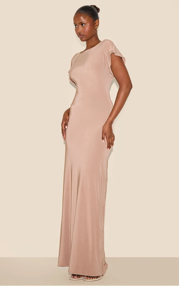 Prettylittlething Beige Double Layered Slinky Ruched Short Sleeve Maxi Dress 3 Prettylittlething Beige Double Layered Slinky Ruched Short Sleeve Maxi Dress - Image 3