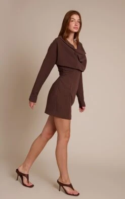 Prettylittlething Chocolate Woven Cowl Neck Tailored Dress -Pretty Little Thing Shop f1f0bacdaee473e8c1d6dd27954f6bec11025d92 CNO6106 3 chocolate woven cowl neck tailored dress