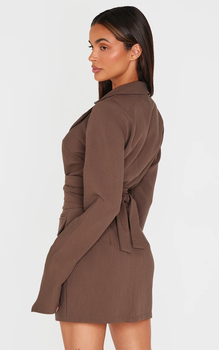 Prettylittlething Chocolate Woven Wrap Belted Blazer Dress 2 Prettylittlething Chocolate Woven Wrap Belted Blazer Dress - Image 2