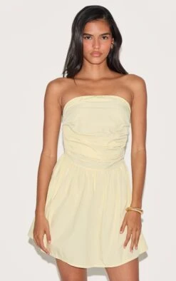 Prettylittlething Lemon Bandeau Ruched Detail Shift Dress