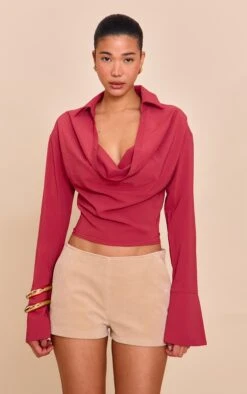 Prettylittlething Blush Rose Chiffon Cowl Neck Blouse