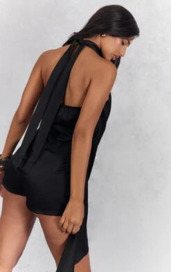 Prettylittlething Black Satin Halterneck Romper -Pretty Little Thing Shop f2b85383ace7adad1bf33ac97ff554ab17d1a9ac CNO4342 2 black satin halterneck playsuit