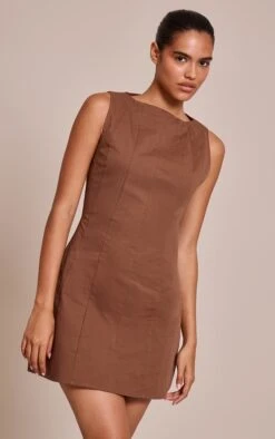 Chocolate Woven Boat Neck Sleeveless Bodycon Dress