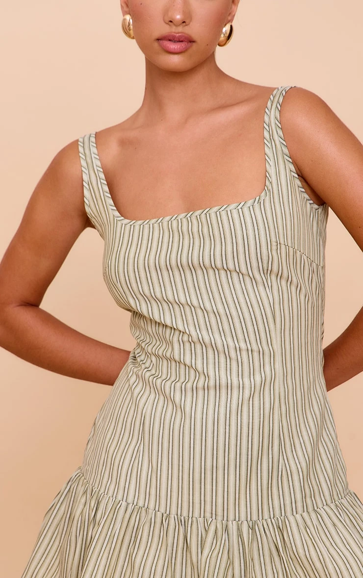 Prettylittlething Sage Green Striped Sleeveless Straight Neck Shift Dress - Image 4