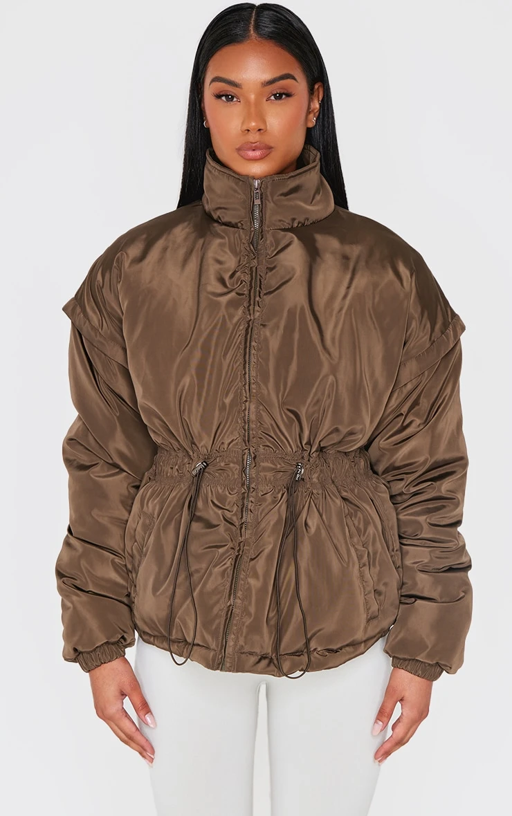 Prettylittlething Olive Cinched Waist Padded Jacket 1 Prettylittlething Olive Cinched Waist Padded Jacket