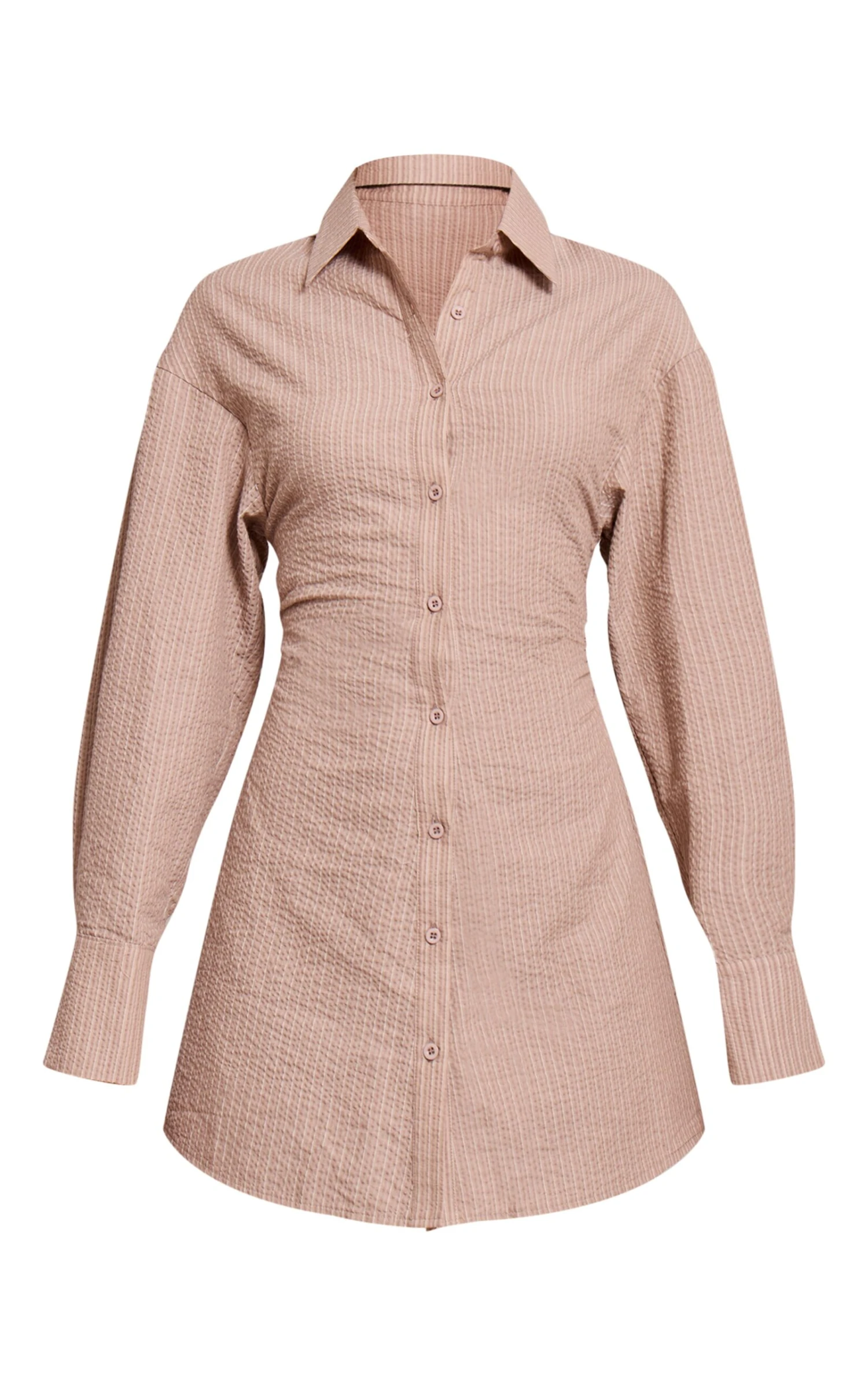 Prettylittlething Taupe Pinstripe Seersucker Cinched Waist Shirt Dress 5 Prettylittlething Taupe Pinstripe Seersucker Cinched Waist Shirt Dress - Image 5