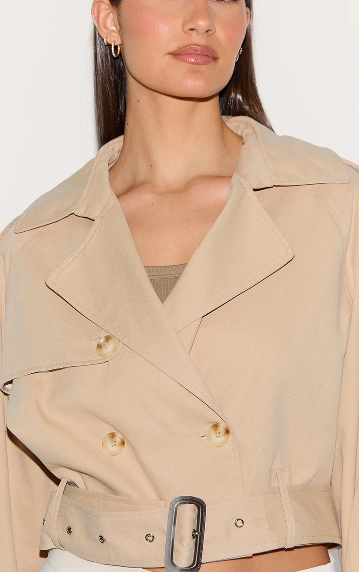 Prettylittlething Beige Cropped Belted Hem Trench Coat 4 Prettylittlething Beige Cropped Belted Hem Trench Coat - Image 4