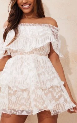 Prettylittlething White Lace Bardot Ruffle Tiered Dress -Pretty Little Thing Shop f34d5a4b3438ce7f892759f995317cca1936a2d0 cmr7618 5