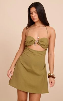 Prettylittlething Khaki Trim Detail Shift Dress