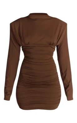 Chocolate Brown Ruched Long Sleeve Bodycon Dress -Pretty Little Thing Shop f3ee30bab84e7e18a076956cea276c9f5542b30a cno0106 5 chocolate brown ruched long sleeve bodycon dress