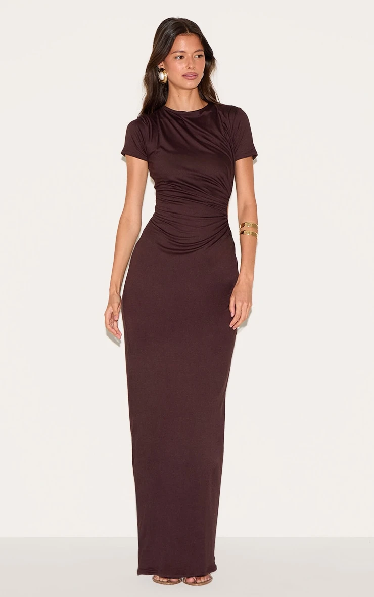Prettylittlething Chocolate Double Layer Soft Touch Cut Out Ruched Detail Maxi Dress - Image 3