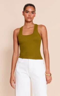Olive Soft Rib Scoop Neck Vest Top