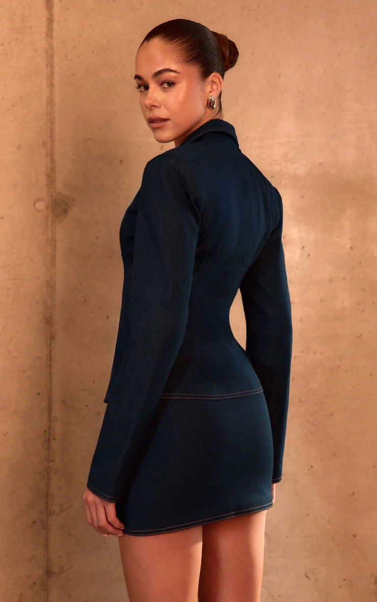 Prettylittlething PLT Label Denim Blue Tailored Lace Up Corset Blazer - Image 2