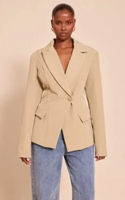 Prettylittlething Sage Cinch Waist Lapel Point Detail Blazer