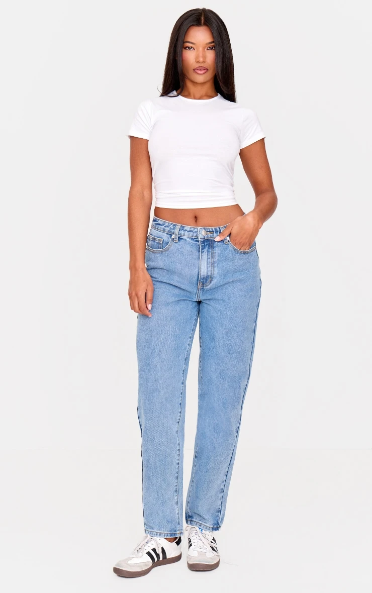 PRETTYLITTLETHING Mid Blue Wash High Waist Mom Jeans - Image 2