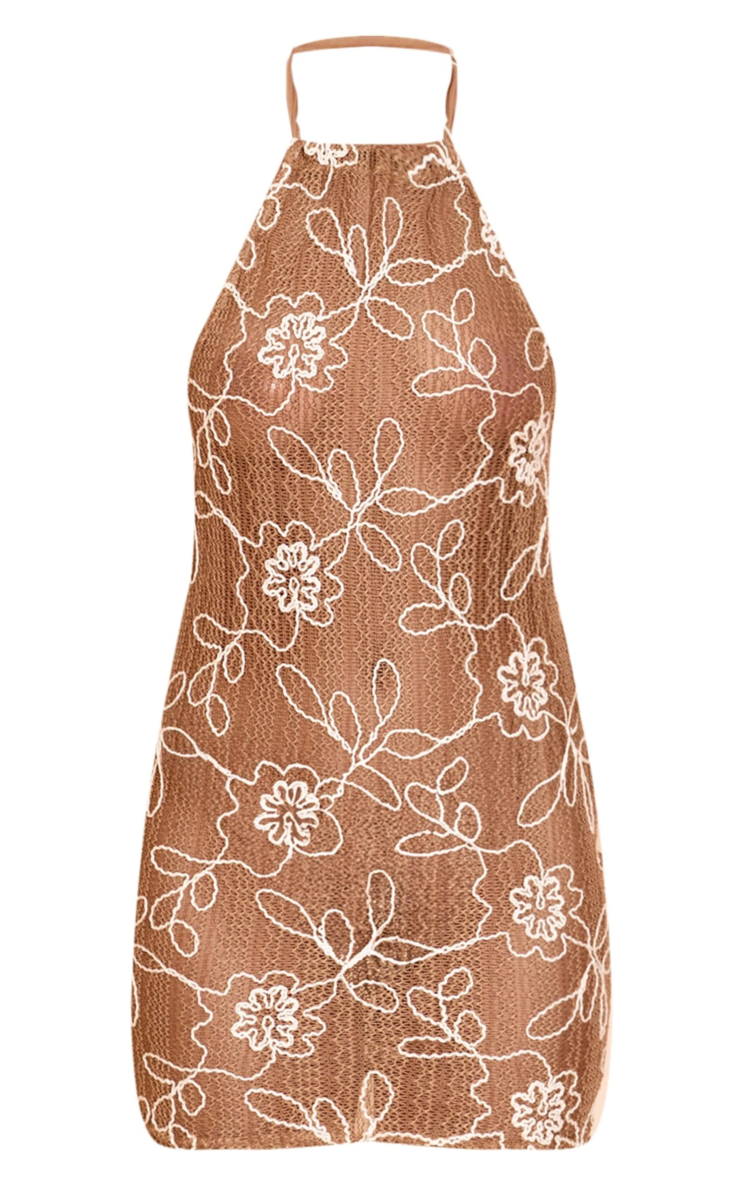 Prettylittlething Tan Textured Floral Halterneck Low Back Bodycon Dress - Image 5