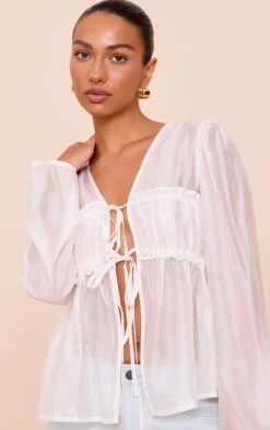 Prettylittlething Cream Chiffon Tie Front Ruched Blouse -Pretty Little Thing Shop f59f5aeabd0996ee94242862dd4ef8b56371c6b0 CNN6923 4 cream chiffon tie front ruched blouse