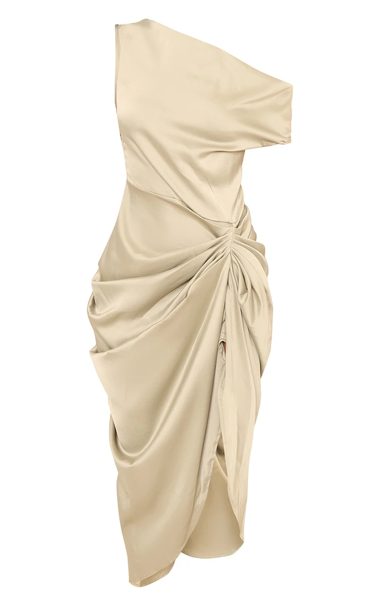 Prettylittlething Sage Green Satin Off The Shoulder Draped Skirt Midi Dress - Image 6