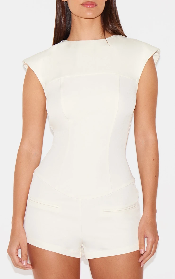 Prettylittlething Cream Tailored Woven Boatneck Cap Sleeve Romper 4 Prettylittlething Cream Tailored Woven Boatneck Cap Sleeve Romper - Image 4