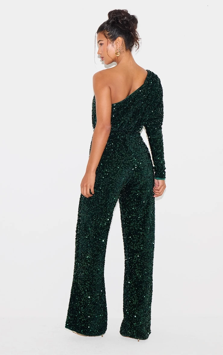 Prettylittlething Emerald Green Velvet Sequin One Shoulder Wide Leg Jumpsuit 2 Prettylittlething Emerald Green Velvet Sequin One Shoulder Wide Leg Jumpsuit - Image 2