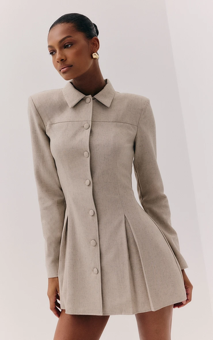 Prettylittlething Light Grey Button Up Pleated Hem Shirt Dress