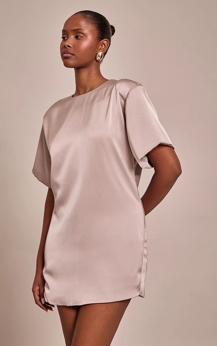 Taupe Satin T Shirt Dress 1 Taupe Satin T Shirt Dress