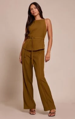 Prettylittlething Khaki Woven Belt Tied Straight Leg Jumpsuit