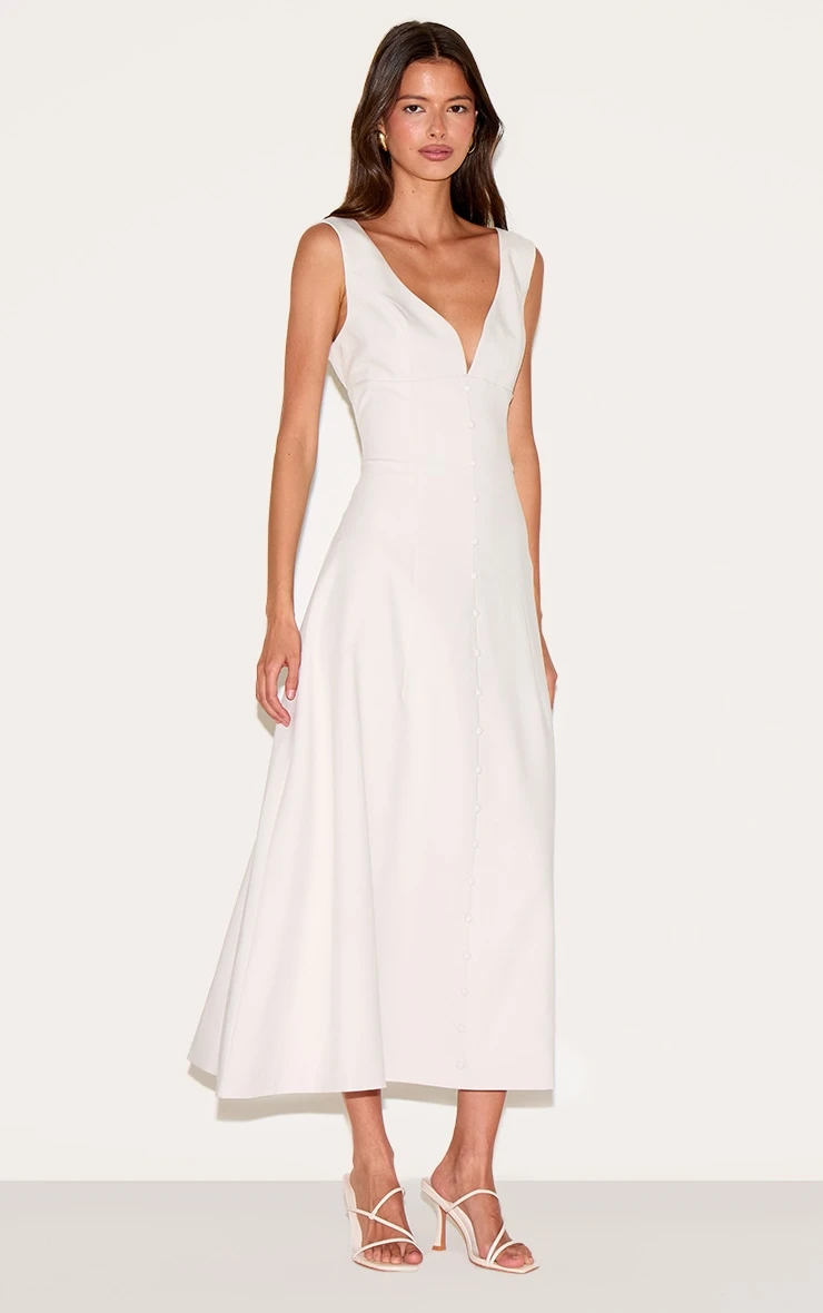 Prettylittlething Cream Tailored Woven Plunge Button Down Midi Dress - Image 3