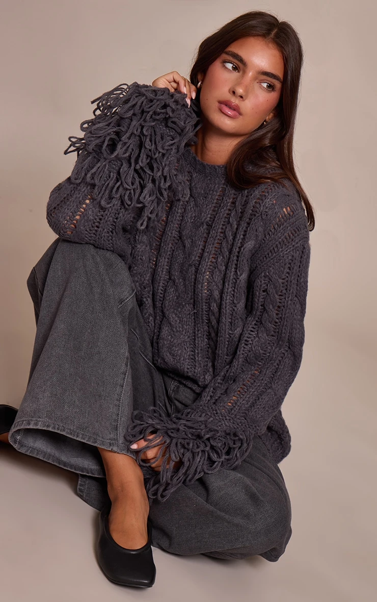 Charcoal Cable Knit Loop Trim Sweater 3 Charcoal Cable Knit Loop Trim Sweater - Image 3