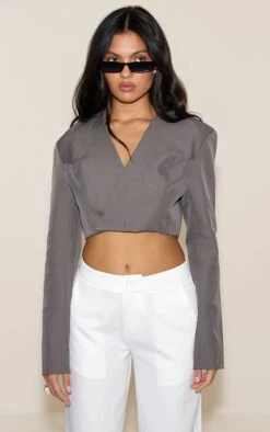 Prettylittlething Charcoal Wrap Waist Tie Blazer