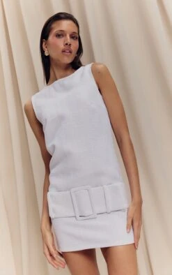 Prettylittlething White Boucle Oversized Low Belt Shift Dress