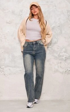 Prettylittlething Indigo Vintage Wash Frayed Hem Straight Leg Jeans