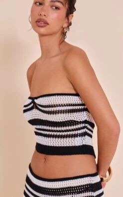 Prettylittlething Monochrome Bandeau Stripe Crochet Top