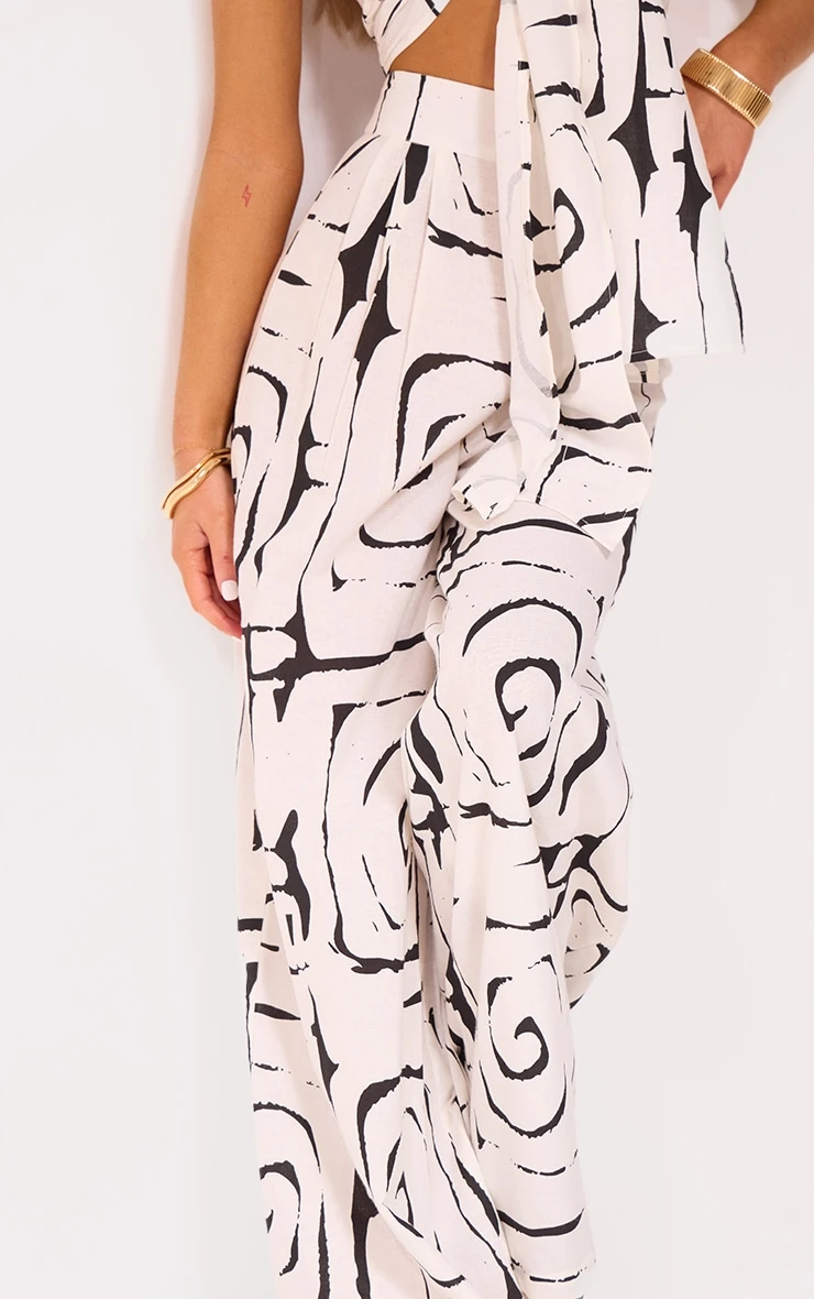 Monochrome Swirl Print Wide Leg Linen Look Pants 4 Monochrome Swirl Print Wide Leg Linen Look Pants - Image 4