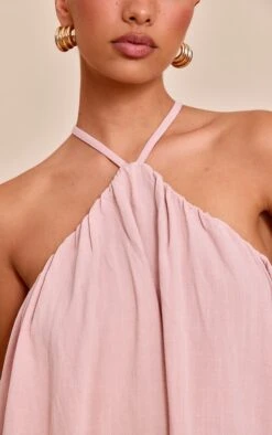 Prettylittlething Blush Textured Halterneck Linen Look Puffball Dress -Pretty Little Thing Shop f7cb2d69e53d3290d008be5f422c4b0576edf654 CNN0103 4 blush textured halterneck linen look puffball dress