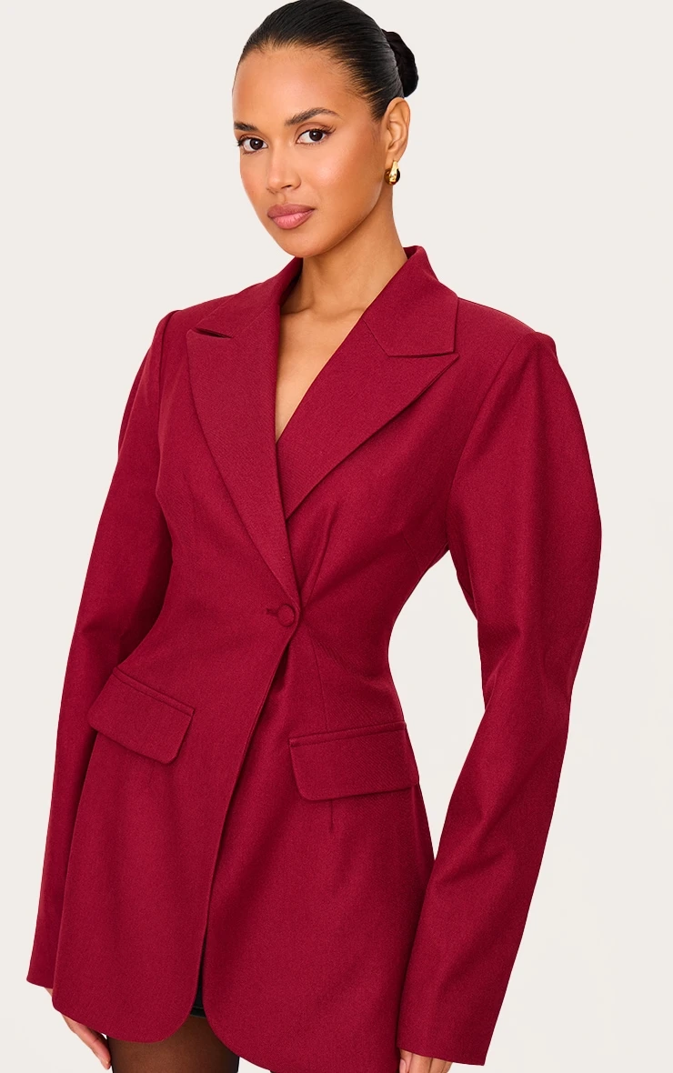 Prettylittlething Burgundy Drop Shoulder Cinch Waist Extreme Oversized Blazer 4 Prettylittlething Burgundy Drop Shoulder Cinch Waist Extreme Oversized Blazer - Image 4