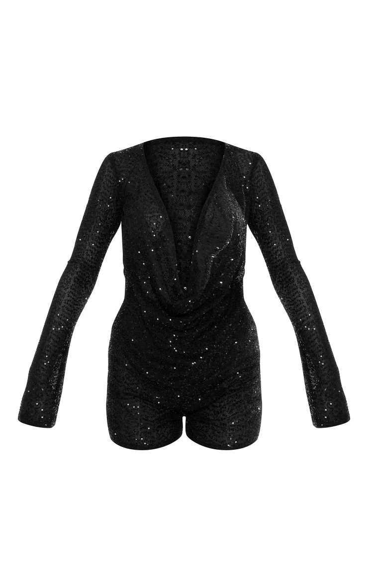 Black Sequin Cowl Neck Long Sleeve Romper 5 Black Sequin Cowl Neck Long Sleeve Romper - Image 5