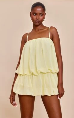 Prettylittlething Lemon Chiffon Ruched Strappy Shift Dress