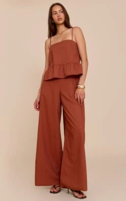 Prettylittlething Rust Linen Blend Peplum Detail Overlay Jumpsuit