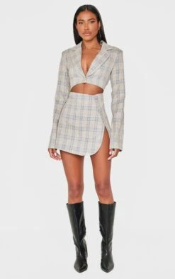 Prettylittlething Stone Check Cut Out Long Sleeved Blazer Dress