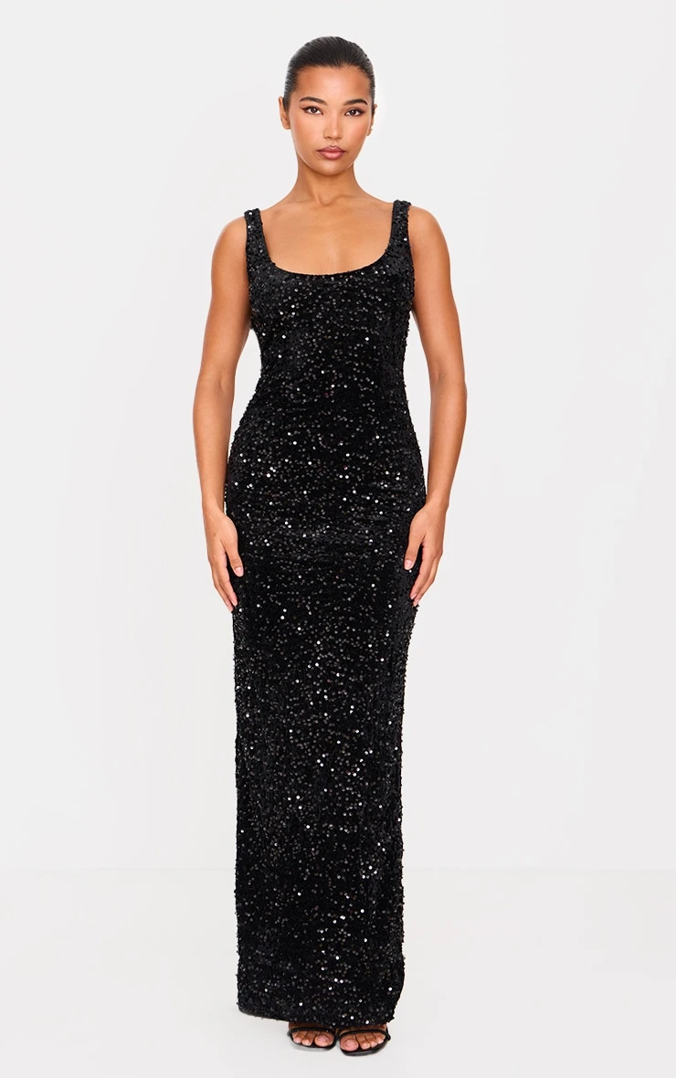 Prettylittlething Black Velvet Sequin Embellished Scoop Back Maxi Dess 2 Prettylittlething Black Velvet Sequin Embellished Scoop Back Maxi Dess - Image 2