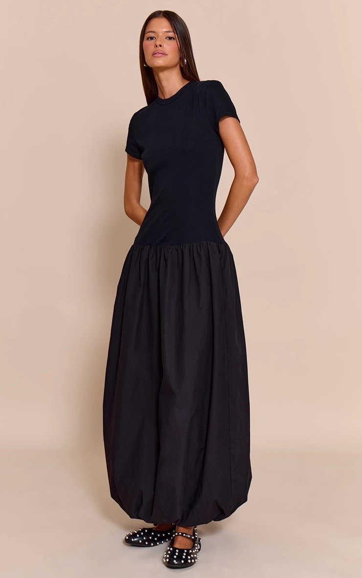 Black Dropped Waist T Shirt Puff Ball Hem Maxi Dress 3 Black Dropped Waist T Shirt Puff Ball Hem Maxi Dress - Image 3
