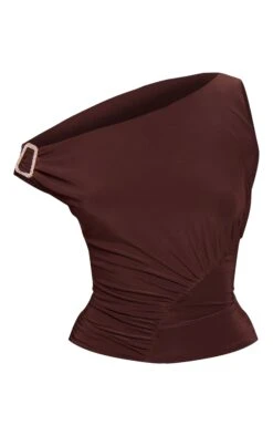 Prettylittlething Dark Brown Double Layer Slinky Ruched One Shoulder Top -Pretty Little Thing Shop f8bbb4b3994c313429120256beef443c48180f4e CNO6603 5 dark brown double layer slinky ruched one shoulder top