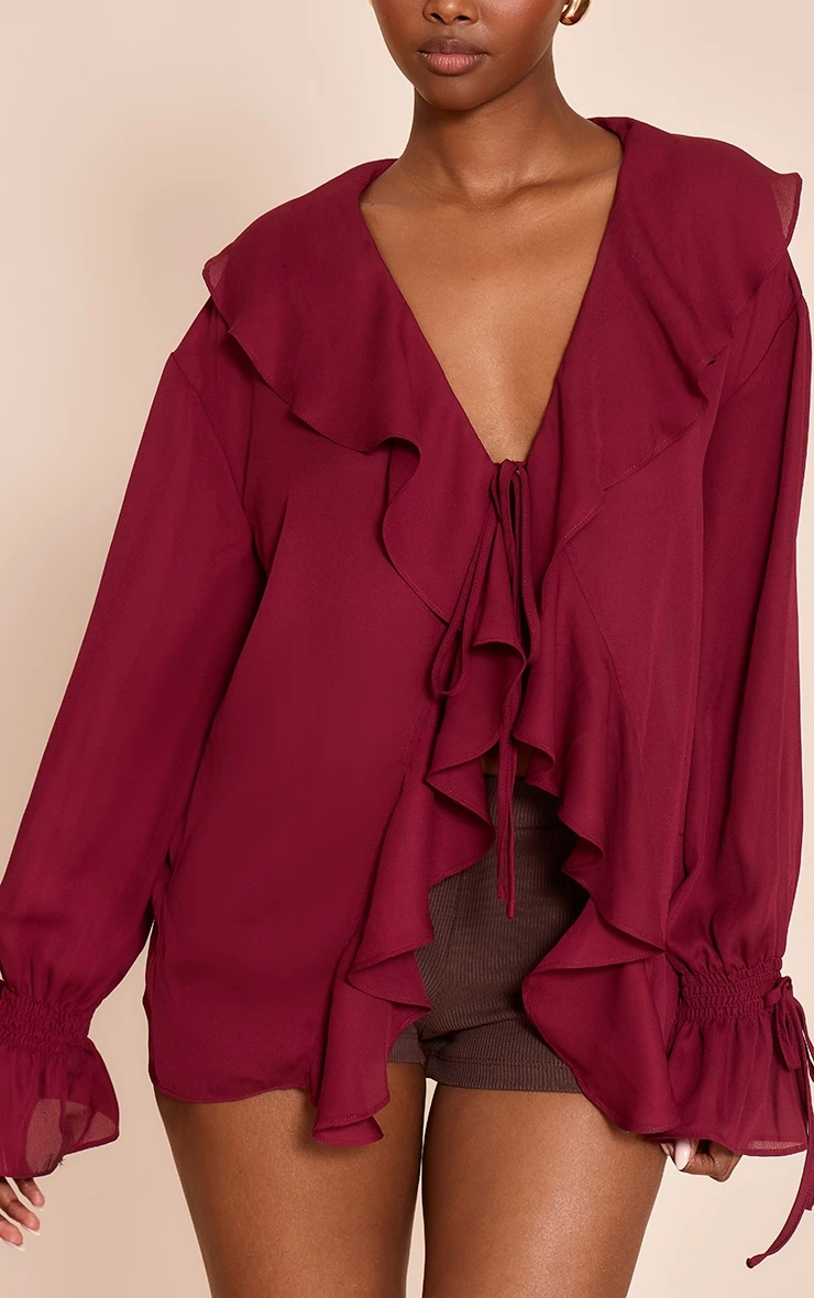 Wine Chiffon Ruffle Tie Front Blouse 4 Wine Chiffon Ruffle Tie Front Blouse - Image 4