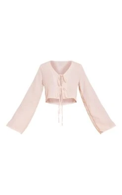 Prettylittlething Sand Textured Tie Front Detail Blouse -Pretty Little Thing Shop f9222592c9edd4b1444af0b408babc6e64851263 CNN6741 5 taupe textured tie front detail blouse